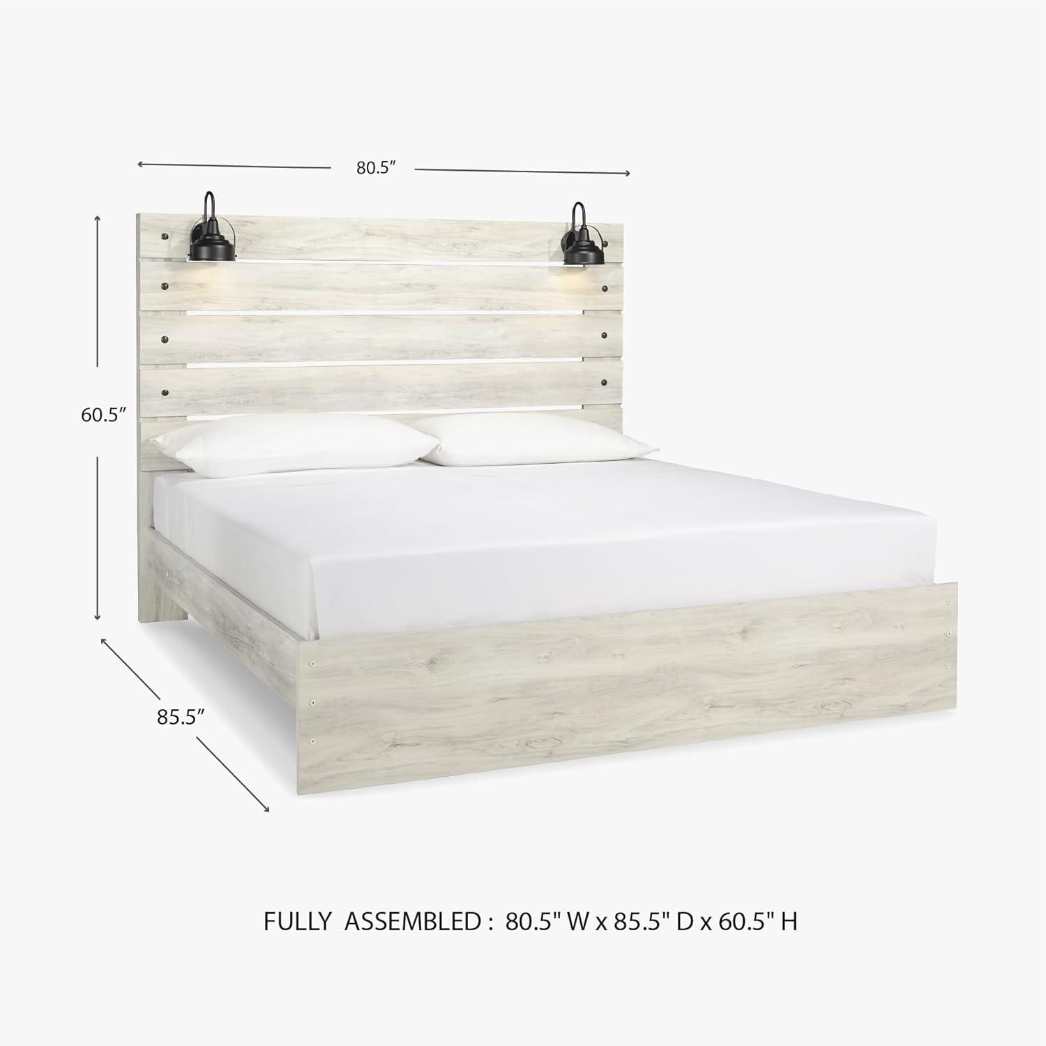 imageSignature Design by Ashley Cambeck Farmhouse Twin Panel Platform Bed with 2 Storage Drawers Cubbies Sconce Light and USB Ports Foundation or Box Spring Not Needed WhitewashKing