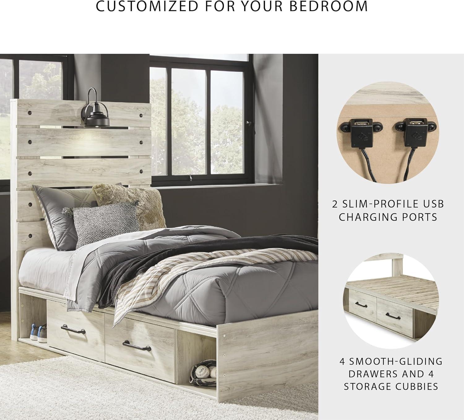 imageSignature Design by Ashley Cambeck Farmhouse Twin Panel Platform Bed with 2 Storage Drawers Cubbies Sconce Light and USB Ports Foundation or Box Spring Not Needed WhitewashTwin