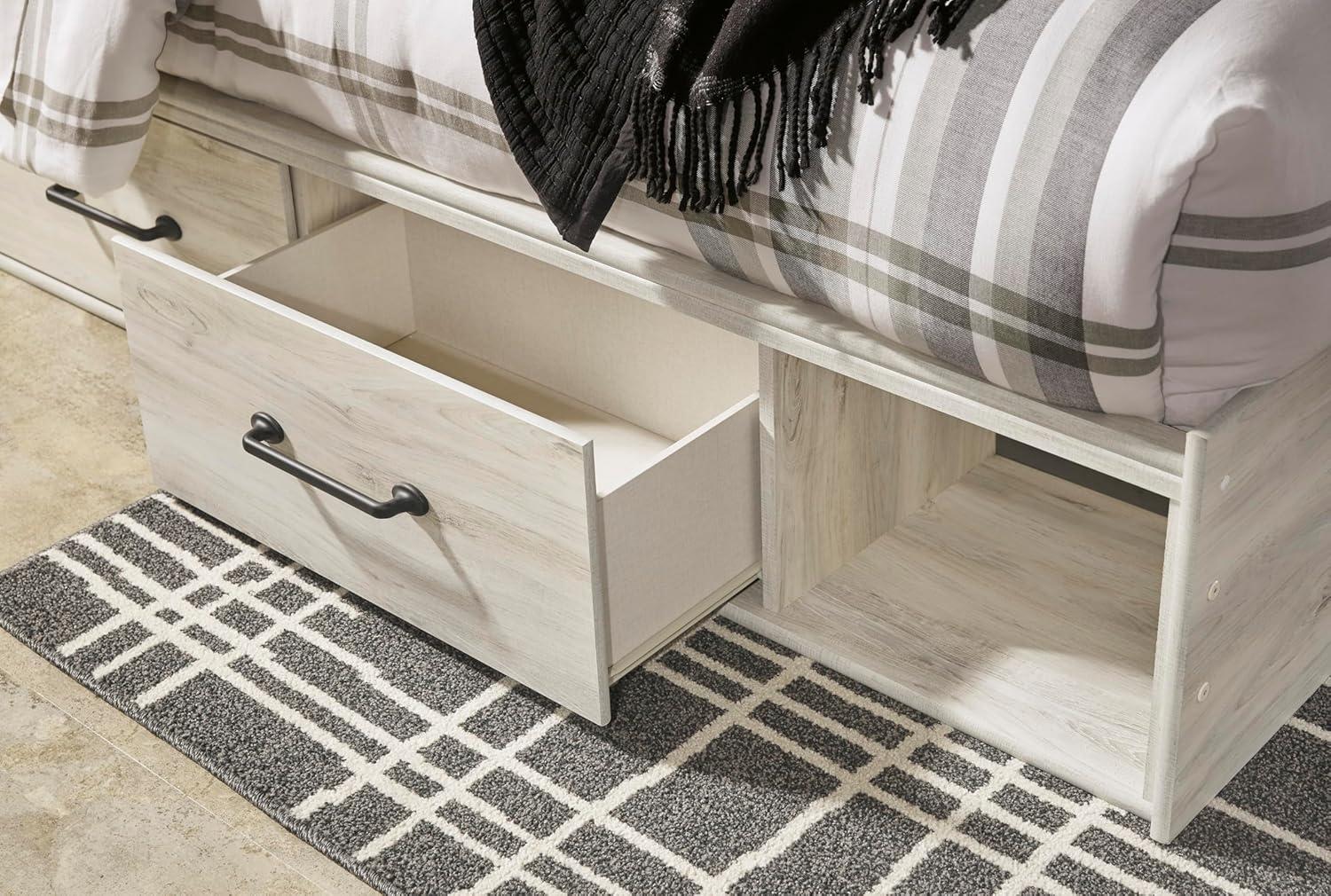 imageSignature Design by Ashley Cambeck Farmhouse Twin Panel Platform Bed with 2 Storage Drawers Cubbies Sconce Light and USB Ports Foundation or Box Spring Not Needed WhitewashKing