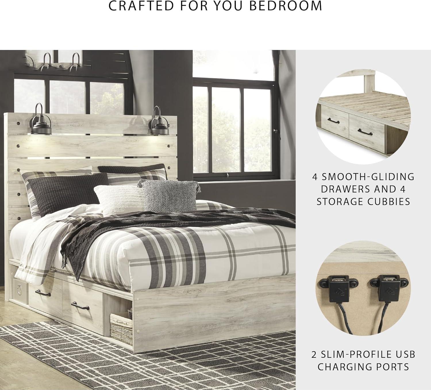 imageSignature Design by Ashley Cambeck Farmhouse Twin Panel Platform Bed with 2 Storage Drawers Cubbies Sconce Light and USB Ports Foundation or Box Spring Not Needed WhitewashQueen