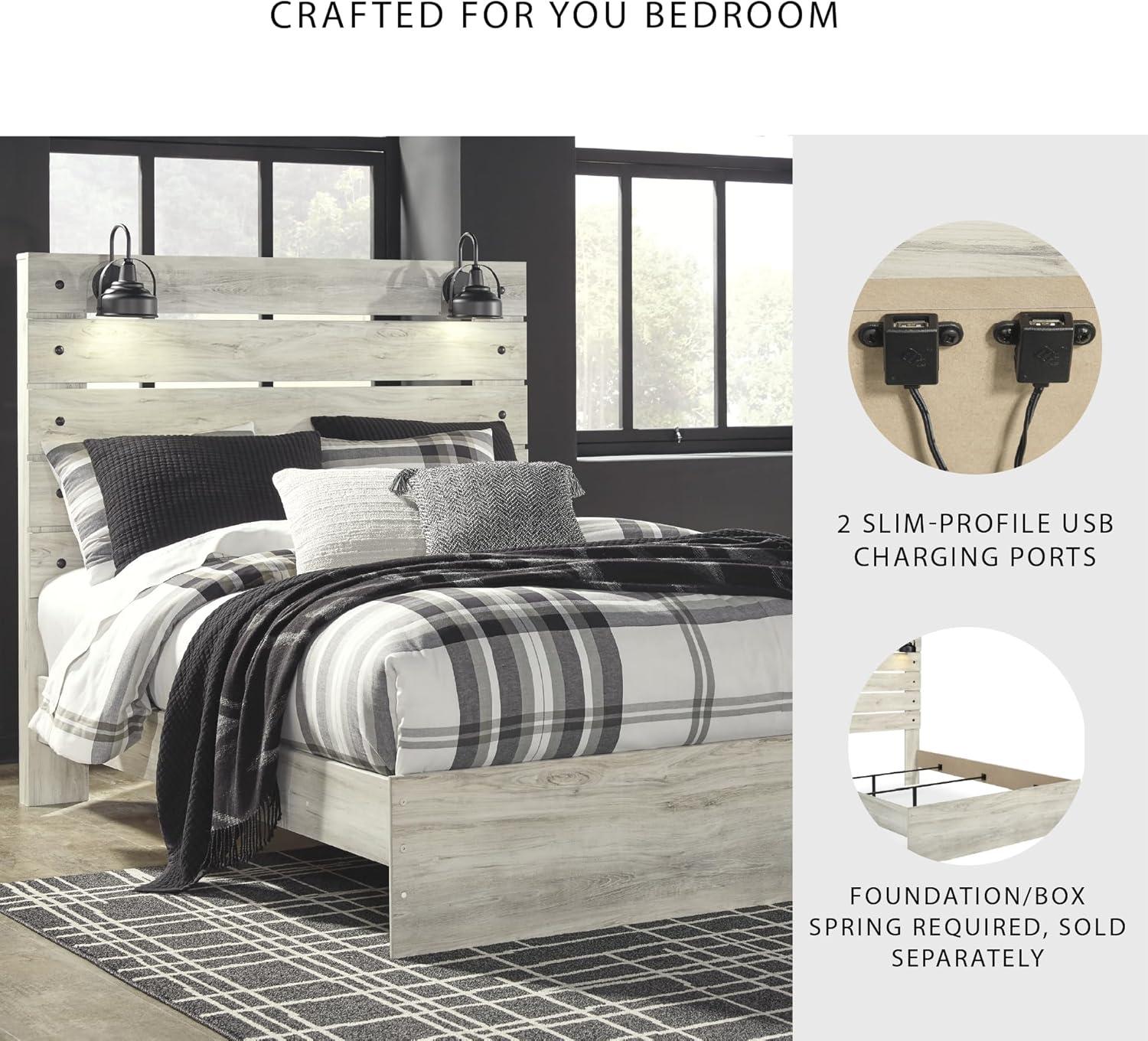 imageSignature Design by Ashley Cambeck Farmhouse Twin Panel Platform Bed with 2 Storage Drawers Cubbies Sconce Light and USB Ports Foundation or Box Spring Not Needed WhitewashQueen