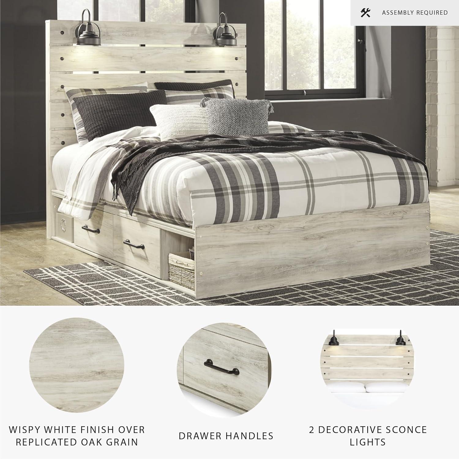 imageSignature Design by Ashley Cambeck Farmhouse Twin Panel Platform Bed with 2 Storage Drawers Cubbies Sconce Light and USB Ports Foundation or Box Spring Not Needed WhitewashQueen