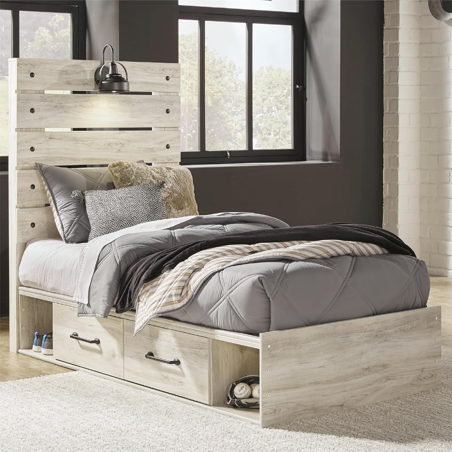 imageSignature Design by Ashley Cambeck Farmhouse Twin Panel Platform Bed with 2 Storage Drawers Cubbies Sconce Light and USB Ports Foundation or Box Spring Not Needed WhitewashTwin