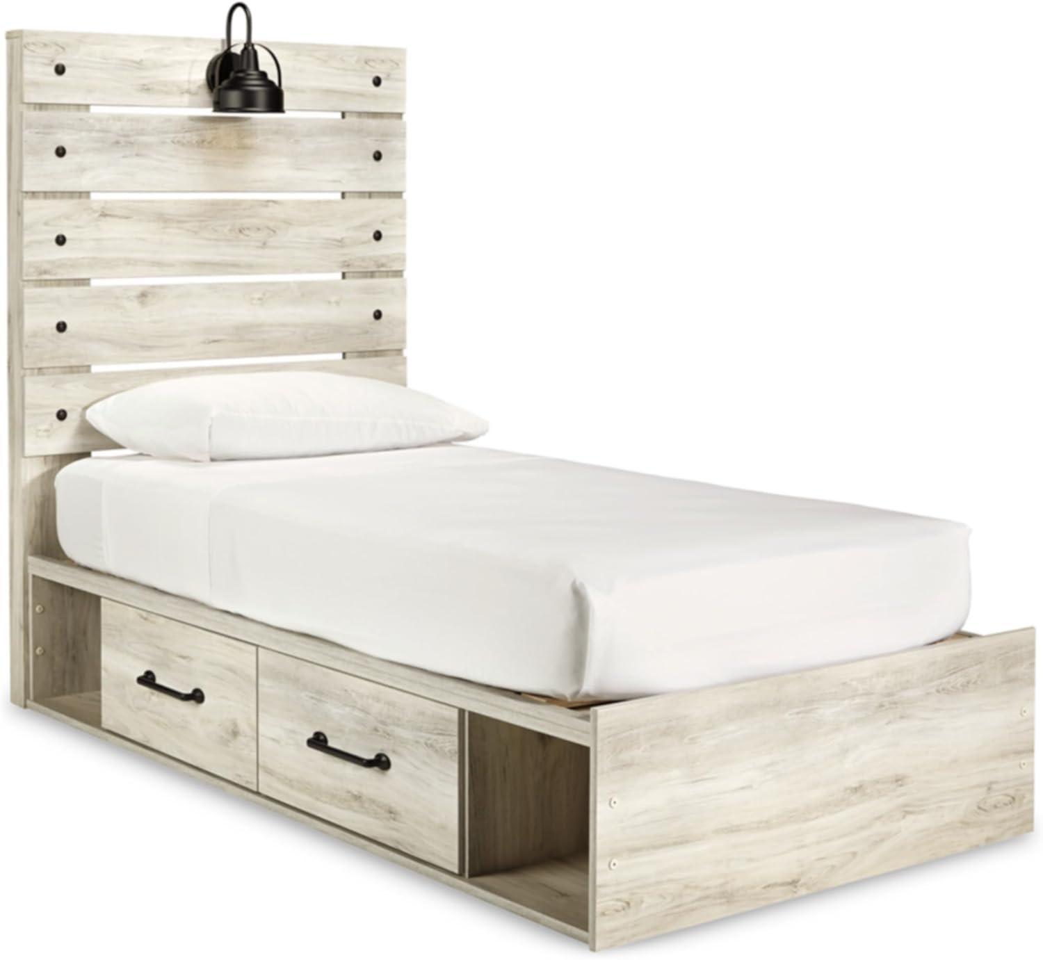 imageSignature Design by Ashley Cambeck Farmhouse Twin Panel Platform Bed with 2 Storage Drawers Cubbies Sconce Light and USB Ports Foundation or Box Spring Not Needed WhitewashTwin
