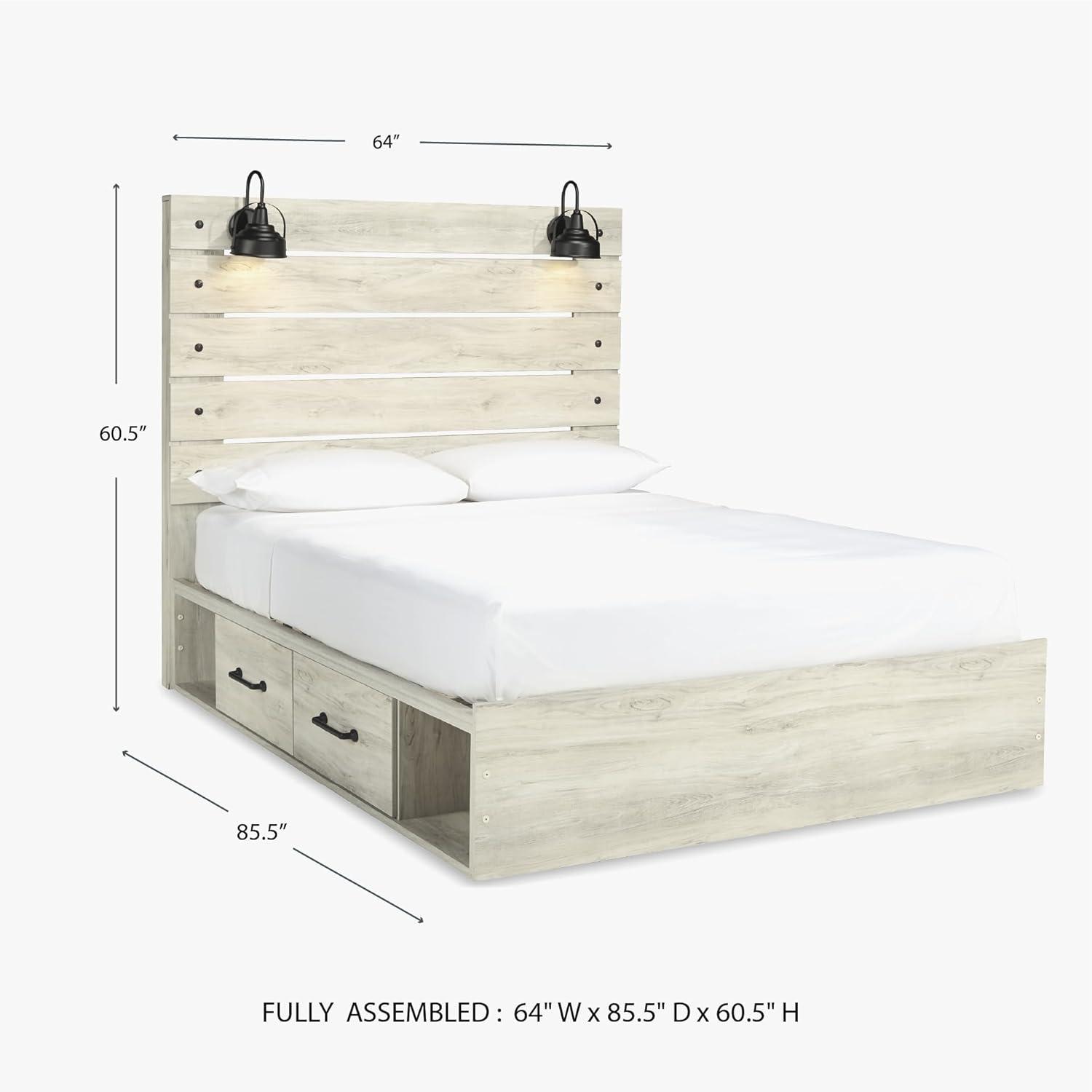 imageSignature Design by Ashley Cambeck Farmhouse Twin Panel Platform Bed with 2 Storage Drawers Cubbies Sconce Light and USB Ports Foundation or Box Spring Not Needed WhitewashQueen