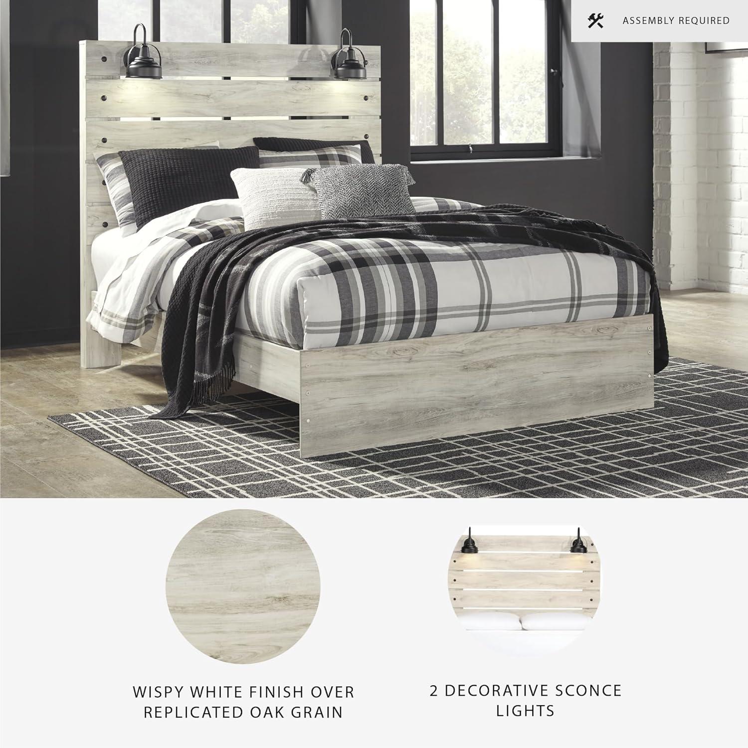 imageSignature Design by Ashley Cambeck Farmhouse Twin Panel Platform Bed with 2 Storage Drawers Cubbies Sconce Light and USB Ports Foundation or Box Spring Not Needed WhitewashQueen