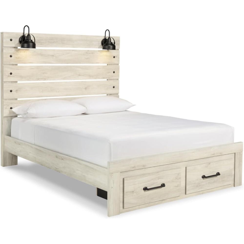 imageSignature Design by Ashley Cambeck Farmhouse Queen Panel Bed with 2 Storage Drawers Sconce Lights and USB Ports Foundation or Box Spring Needed Whitewash