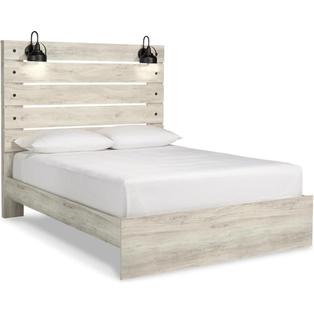 imageSignature Design by Ashley Cambeck Farmhouse Twin Panel Platform Bed with 2 Storage Drawers Cubbies Sconce Light and USB Ports Foundation or Box Spring Not Needed WhitewashQueen