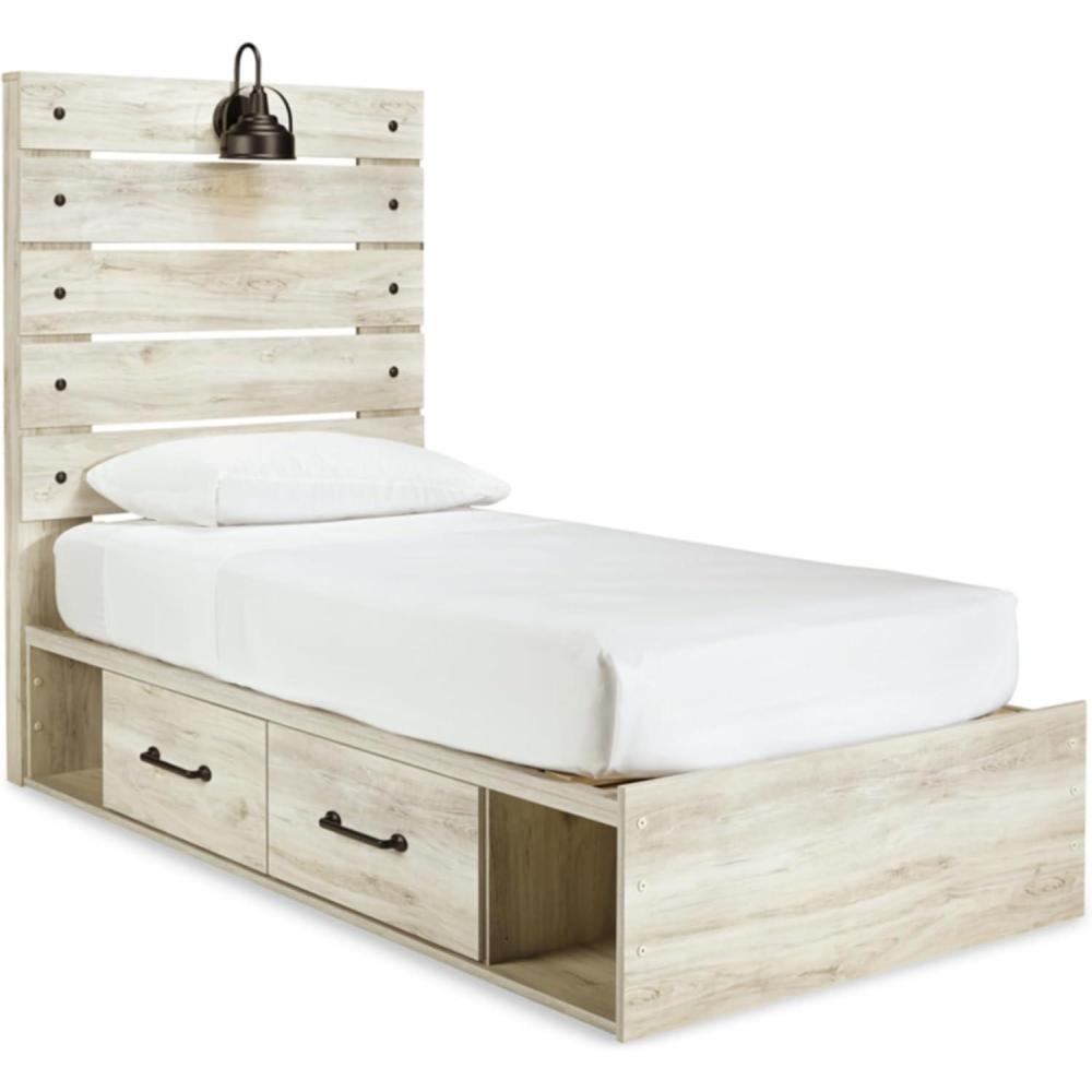 imageSignature Design by Ashley Cambeck Farmhouse Twin Panel Platform Bed with 2 Storage Drawers Cubbies Sconce Light and USB Ports Foundation or Box Spring Not Needed WhitewashTwin