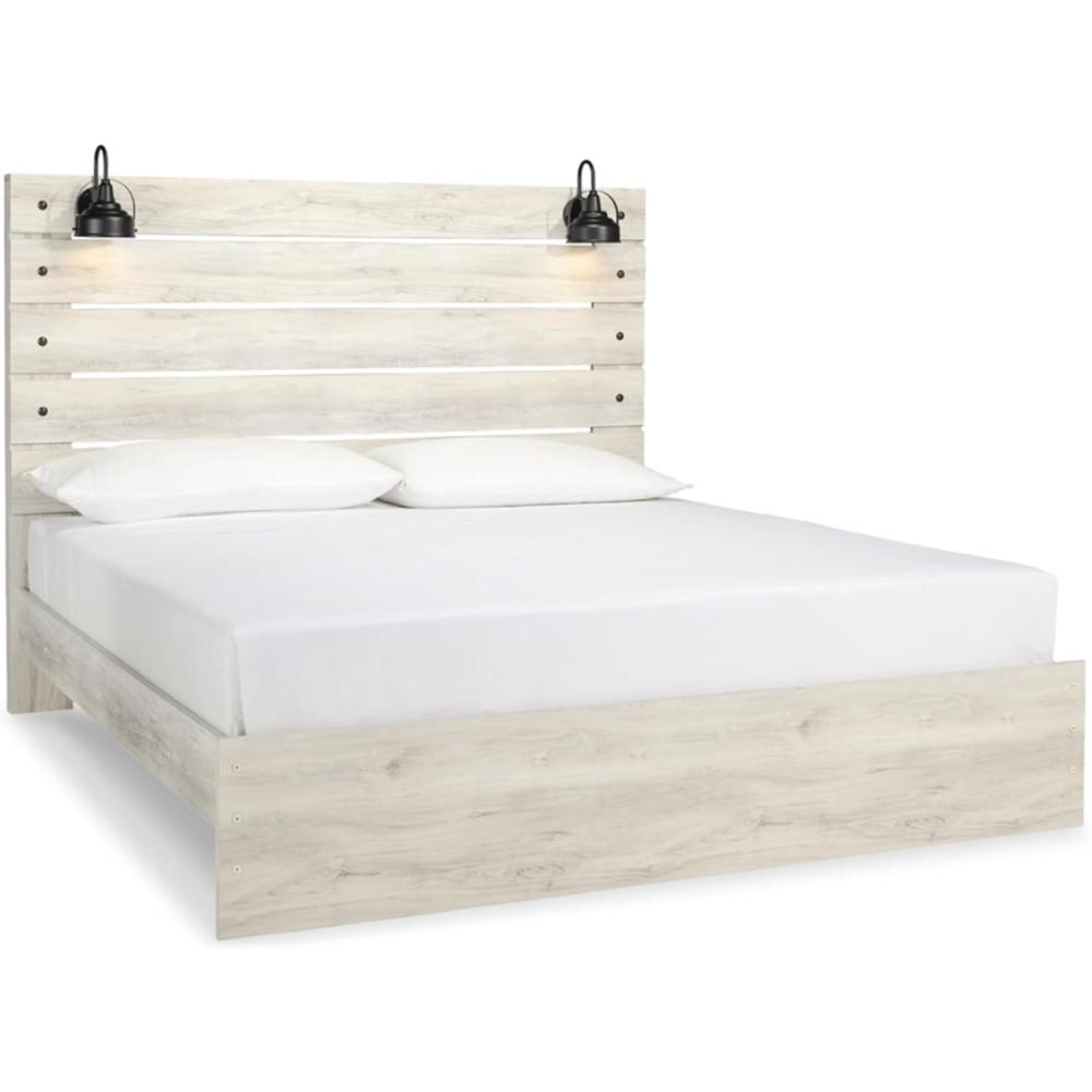 imageSignature Design by Ashley Cambeck Farmhouse Twin Panel Platform Bed with 2 Storage Drawers Cubbies Sconce Light and USB Ports Foundation or Box Spring Not Needed WhitewashKing