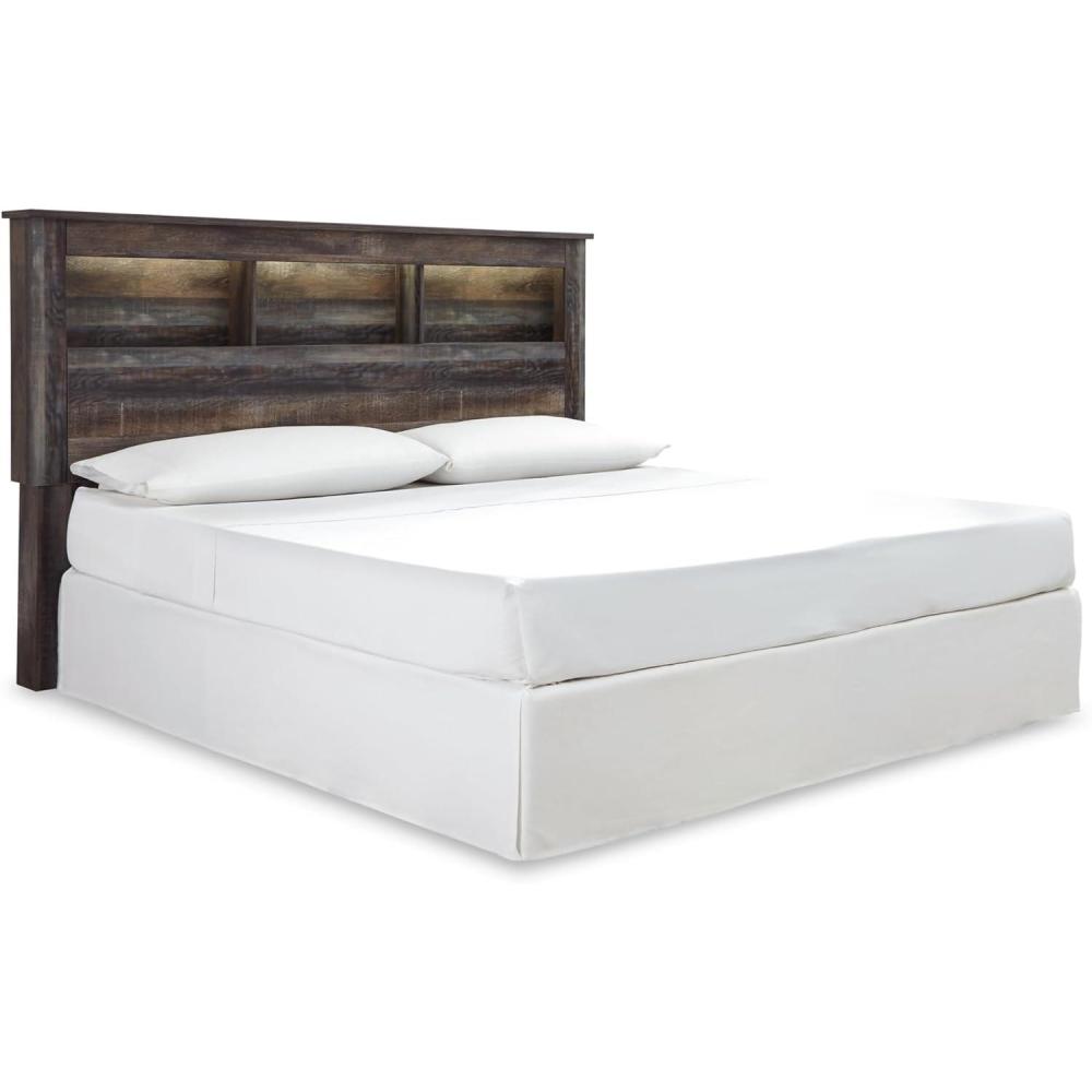 imageSignature Design by Ashley Drystan Rustic Twin Panel Bed with Sconce LED Lights USB Ports and Nailheads Foundation or Box Spring Needed Dark Brown ampamp GrayCalifornia King