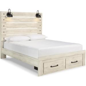 Signature Design by Ashley Cambeck Farmhouse Queen Panel Bed with 2 Storage Drawers, Sconce Lights and USB Ports, Foundation or Box Spring Needed, Whitewash