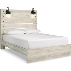 Signature Design by Ashley Cambeck Farmhouse Twin Panel Platform Bed with 2 Storage Drawers, Cubbies, Sconce Light and USB Ports, Foundation or Box Spring Not Needed, Whitewash(Queen)