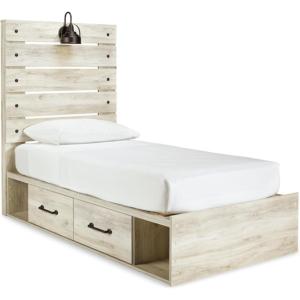 Signature Design by Ashley Cambeck Farmhouse Twin Panel Platform Bed with 2 Storage Drawers, Cubbies, Sconce Light and USB Ports, Foundation or Box Spring Not Needed, Whitewash(Twin)