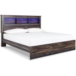 Signature Design by Ashley Drystan Rustic Twin Panel Bed with Sconce LED Lights, USB Ports and Nailheads, Foundation or Box Spring Needed, Dark Brown & Gray(King)
