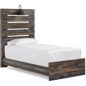 Signature Design by Ashley Drystan Rustic Twin Panel Bed with Sconce LED Lights, USB Ports and Nailheads, Foundation or Box Spring Needed, Dark Brown & Gray(Twin)