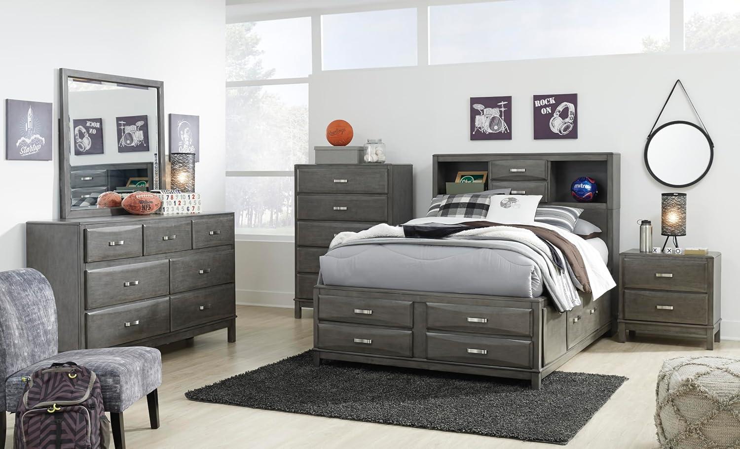 imageSignature Design by Ashley Caitbrook Contemporary King Storage Platform Bed with 8 Drawers and 2 Cubbies Foundation or Box Spring Not Needed GrayGrey