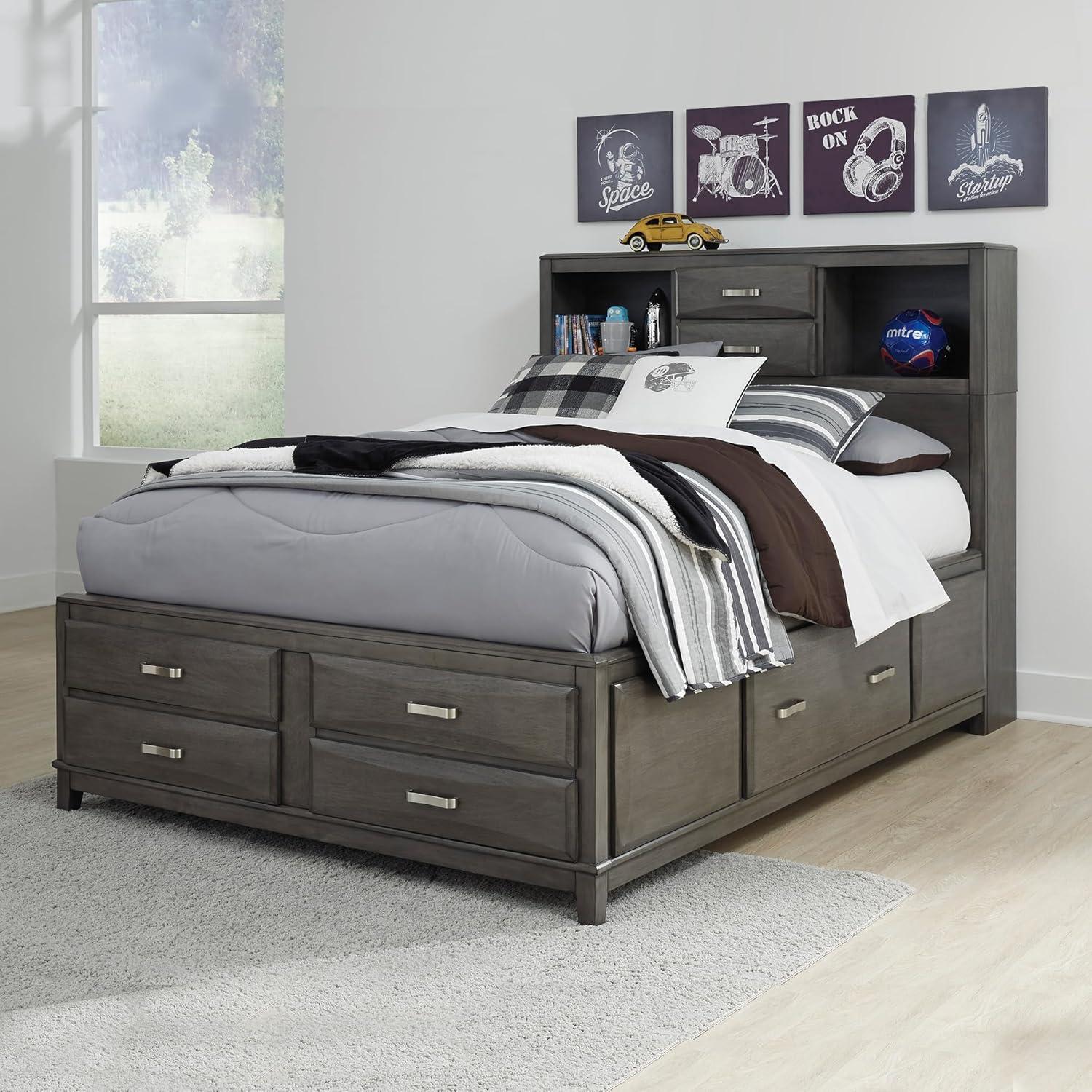 imageSignature Design by Ashley Caitbrook Contemporary King Storage Platform Bed with 8 Drawers and 2 Cubbies Foundation or Box Spring Not Needed GrayGrey