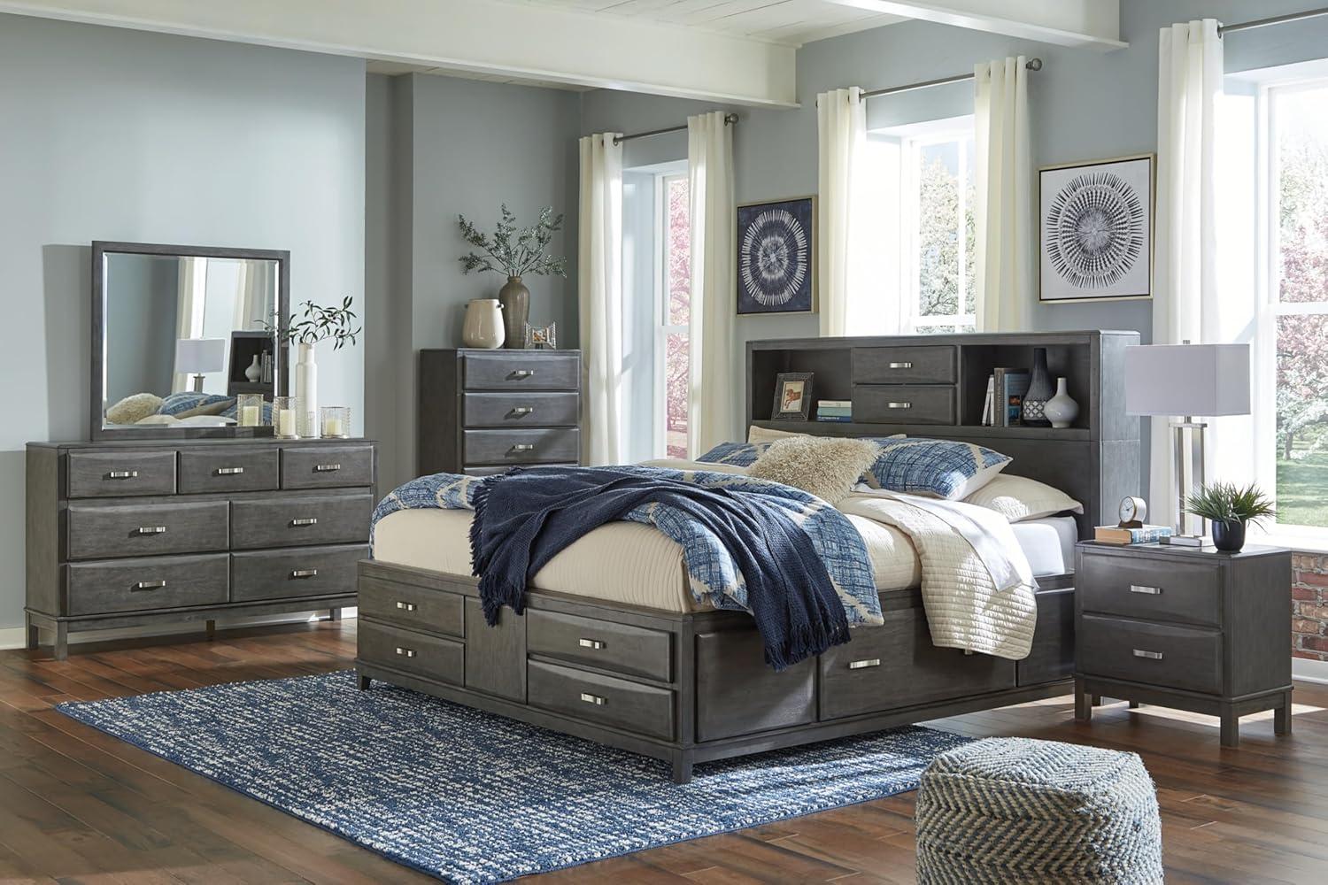 imageSignature Design by Ashley Caitbrook Contemporary King Storage Platform Bed with 8 Drawers and 2 Cubbies Foundation or Box Spring Not Needed GrayGrey