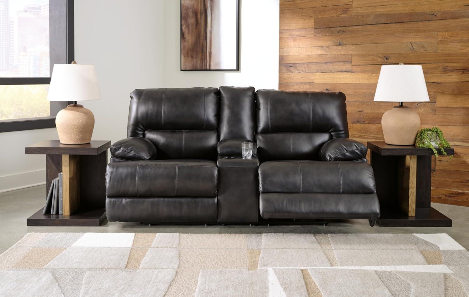 imageSignature Design by Ashley Mountainous Modern Leather Match Wall Hugger Power Reclining Loveseat with Adjustable Headrest USB Ports Storage and Cup Holders Black
