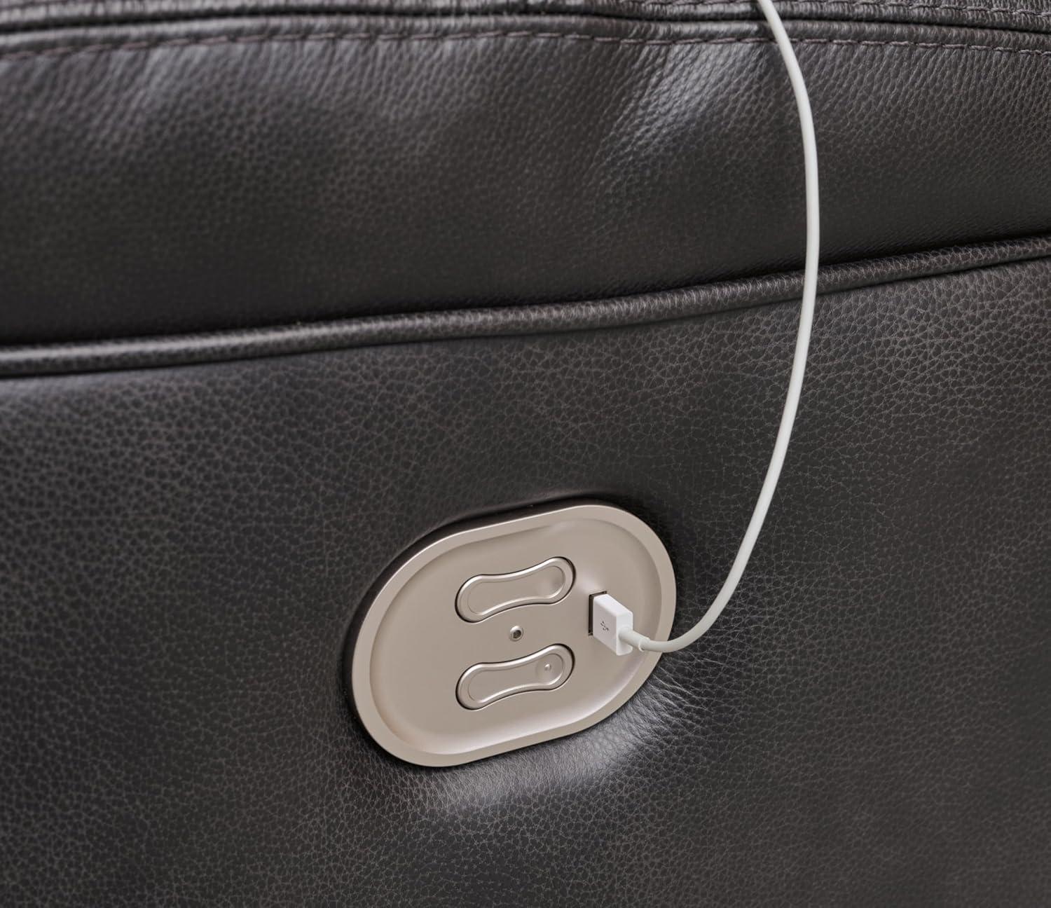 imageSignature Design by Ashley Mountainous Modern Leather Match Wall Hugger Power Reclining Loveseat with Adjustable Headrest USB Ports Storage and Cup Holders Black