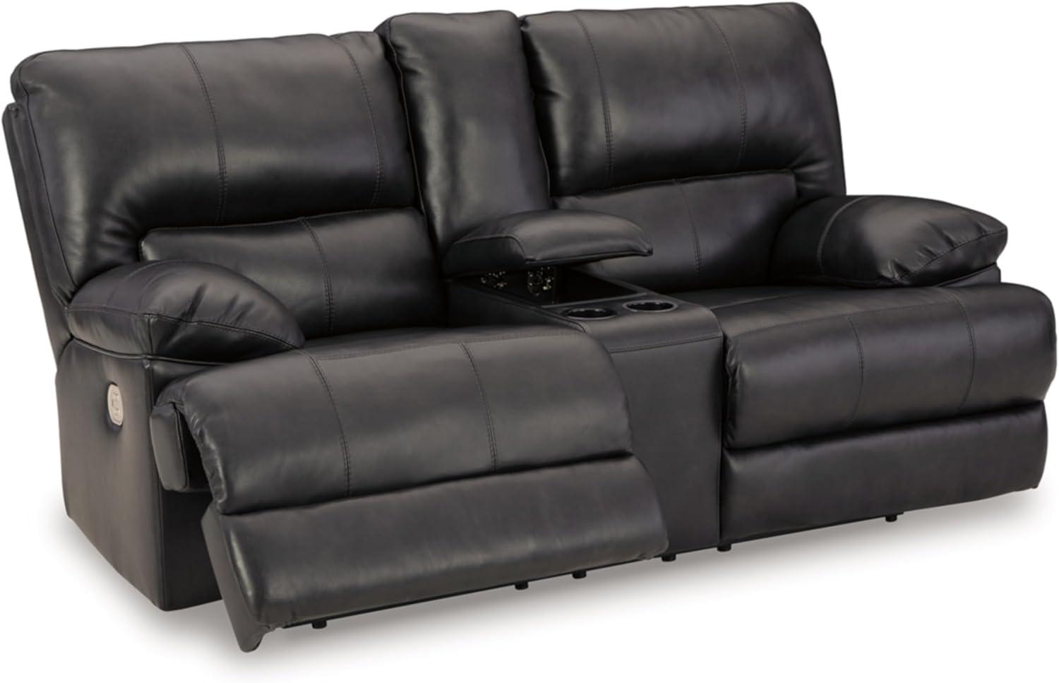 imageSignature Design by Ashley Mountainous Modern Leather Match Wall Hugger Power Reclining Loveseat with Adjustable Headrest USB Ports Storage and Cup Holders Black
