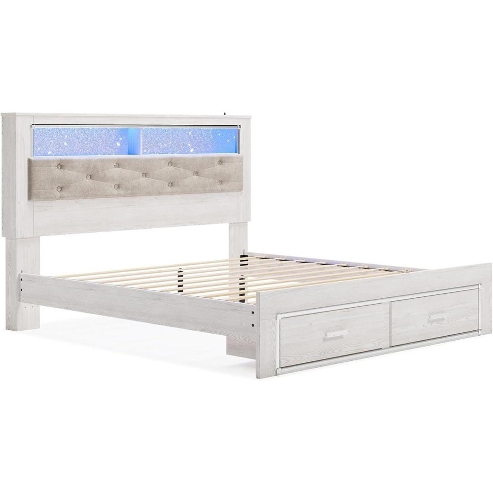 imageSignature Design by Ashley Altyra Contemporary Adjustable Tufted Full Upholstered Panel Bed with LED Lights and Metal Slats Foundation or Box Spring Needed White ampamp GrayKing Bookcase Bed with Storage