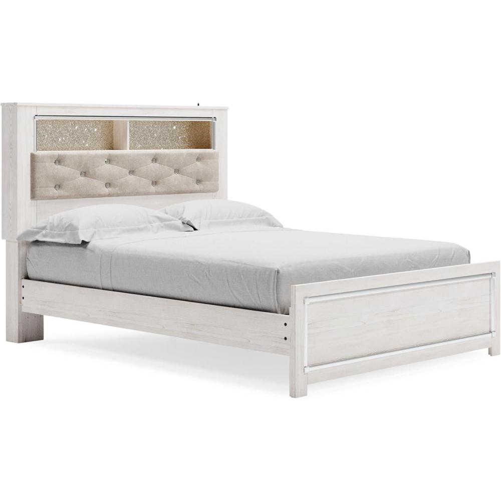 imageSignature Design by Ashley Altyra Contemporary Adjustable Tufted Full Upholstered Panel Bed with LED Lights and Metal Slats Foundation or Box Spring Needed White ampamp GrayQueen Panel Bookcase Bed with Slats