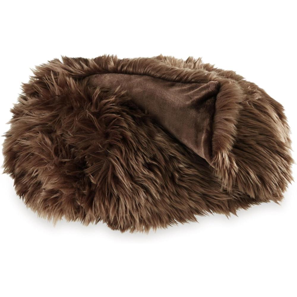 imageSignature Design by Ashley Bellethrone Modern Lightweight Reversible Faux Fur Throw 50x60 Dark Brown