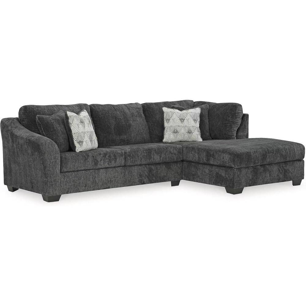 imageSignature Design by Ashley Biddeford Contemporary RightArm Facing Convertible 2Piece Sleeper Sectional with Chaise BiFold Memory Foam Mattress and 4 Accent Pillows Full GrayDark Gray