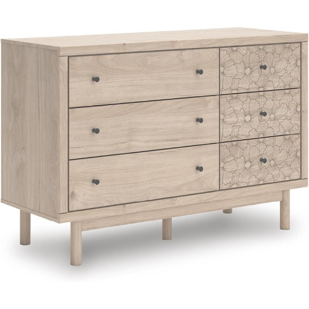 imageSignature Design by Ashley Birkmore MidCentury Modern 6Drawer Dresser with Floral Pattern Easy Glide and Safety Stop for Bedroom Light Brown