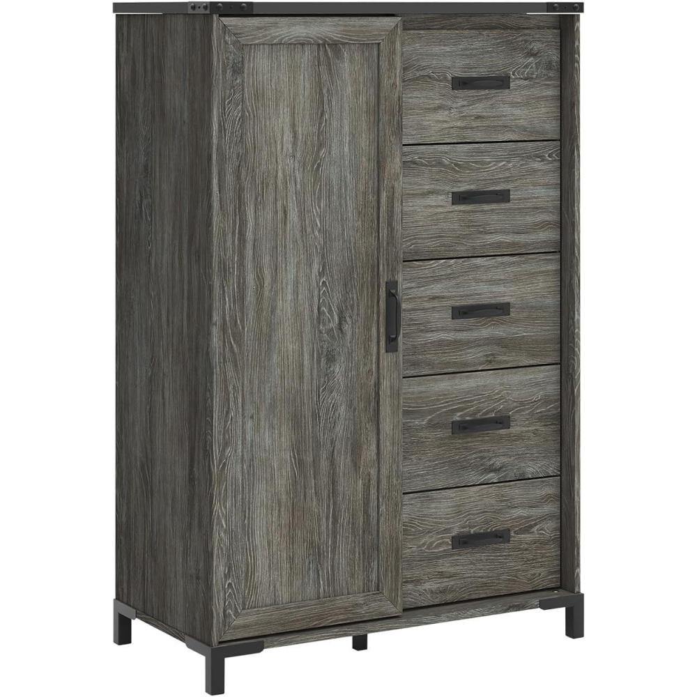 imageSignature Design by Ashley Frandern Vintage 5Drawer Dressing Chest with Shelves Behind Hinged Cabinet for Bedroom Gray