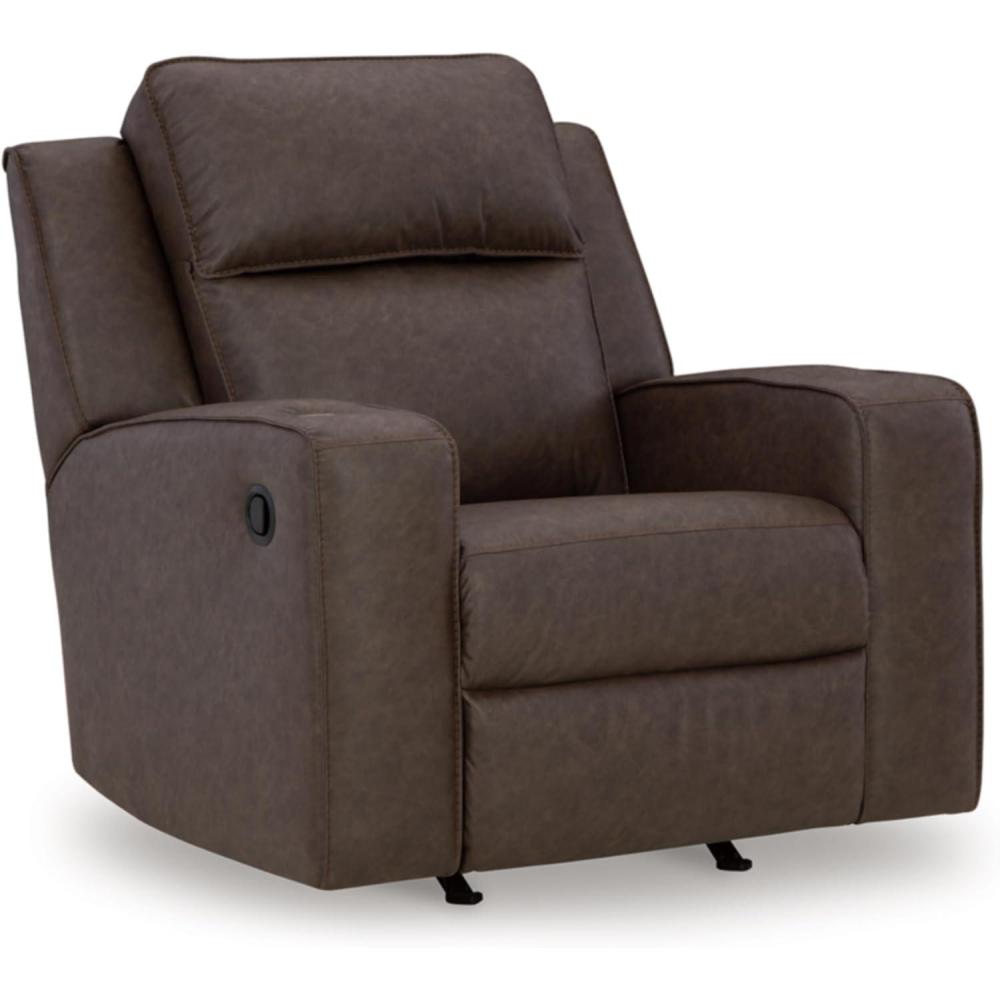 imageSignature Design by Ashley Lavenhorne Contemporary Faux Leather Upholstered Manual Rocker Recliner with 2 Cup Holders Dark BrownDark Brown