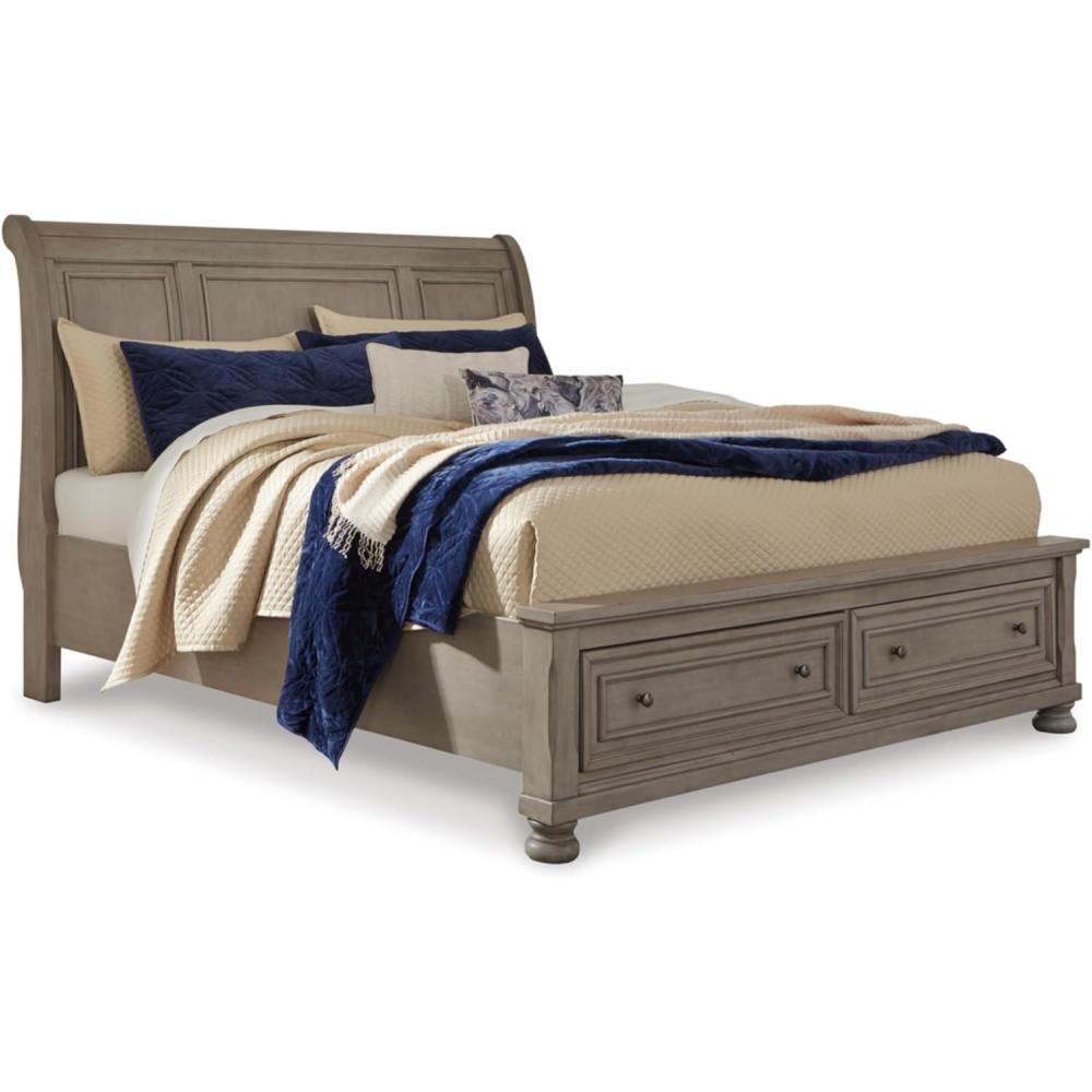 imageSignature Design by Ashley Lettner Traditional King Sleigh Platform Bed with 2 Drawers Foundation or Box Spring Not Needed Light GrayLight Gray