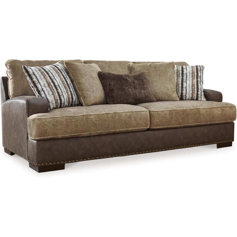 imageSignature Design by Ashley Maggie Contemporary Upholstered Sofa with Accent Pillows OffWhiteDark Brown  Light Brown