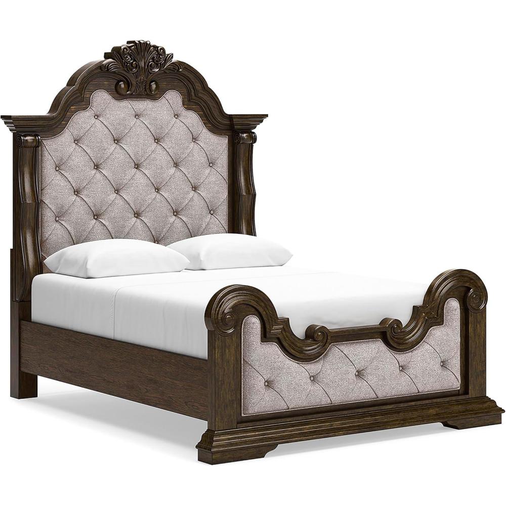 imageSignature Design by Ashley Maylee Traditional Tufted Queen Upholstered Panel Bed Foundation or Box Spring Needed Dark Brown ampamp BeigeDark Brown