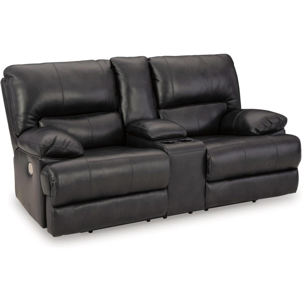 imageSignature Design by Ashley Mountainous Modern Leather Match Wall Hugger Power Reclining Loveseat with Adjustable Headrest USB Ports Storage and Cup Holders Black