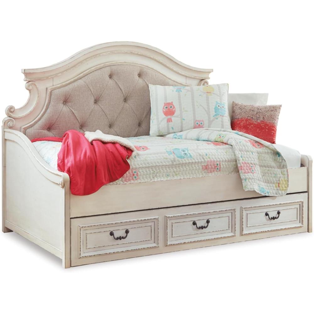 imageSignature Design by Ashley Realyn Traditional Upholstered Tufted Twin Platform Daybed with 1 Large Drawer Foundation or Box Spring Not Needed White ampamp BeigeTwin
