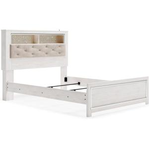 Signature Design by Ashley Altyra Contemporary Adjustable Tufted Full Upholstered Panel Bed with LED Lights and Metal Slats, Foundation or Box Spring Needed, White & Gray(Queen Panel Bookcase Bed)