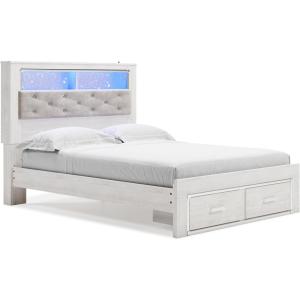 Signature Design by Ashley Altyra Contemporary Adjustable Tufted Full Upholstered Panel Bed with LED Lights and Metal Slats, Foundation or Box Spring Needed, White & Gray(Queen Bookcase Bed with Storage)