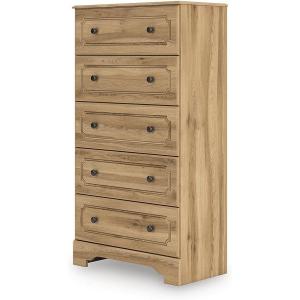 Signature Design by Ashley Bestmere Farmhouse 5-Drawer Chest with Knobs, Easy Glide and Safety Stop for Bedroom, Light Brown