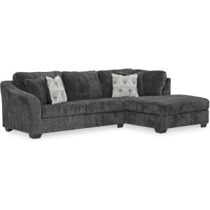 Signature Design by Ashley Biddeford Contemporary Right-Arm Facing Convertible 2-Piece Sleeper Sectional with Chaise, Bi-Fold Memory Foam Mattress and 4 Accent Pillows, Full, Gray(Dark Gray)