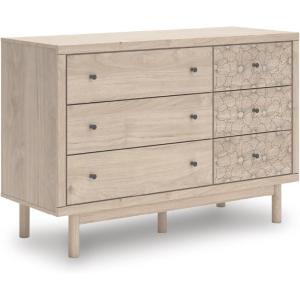 Signature Design by Ashley Birkmore Mid-Century Modern 6-Drawer Dresser with Floral Pattern, Easy Glide and Safety Stop for Bedroom, Light Brown