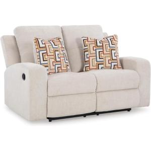 Signature Design by Ashley Danum Modern Tufted Manual Reclining Loveseat with 2 Accent Pillows, Beige(Beige)