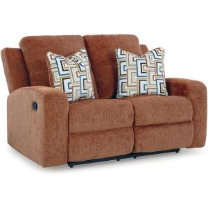 Signature Design by Ashley Danum Modern Tufted Manual Reclining Loveseat with 2 Accent Pillows, Beige(Orange)
