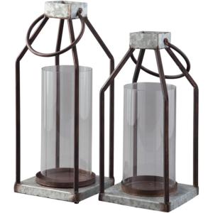 Signature Design by Ashley Diedrick Rustic Lantern, Set of 2, Indoor/Outdoor, Galvanized Metal, Antiqued Finish, Glass Shade, Holds 3 in. Pillar Candles (Not Included), 19″ &17″, Gray and Black(Rustic)