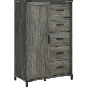 Signature Design by Ashley Frandern Vintage 5-Drawer Dressing Chest with Shelves Behind Hinged Cabinet for Bedroom, Gray