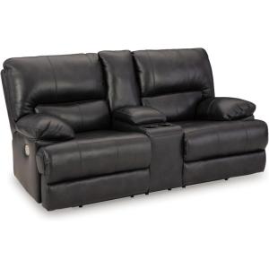 Signature Design by Ashley Mountainous Modern Leather Match Wall Hugger Power Reclining Loveseat with Adjustable Headrest, USB Ports, Storage and Cup Holders, Black