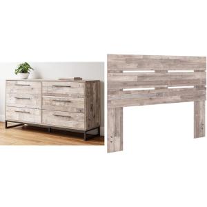 Signature Design by Ashley Neilsville Industrial Dresser, Whitewash & Neilsville Butcher Block Panel Headboard, Queen, Beige(Beige)