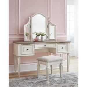 Signature Design by Ashley Realyn Traditional Cottage 3 Drawer Vanity Set with Dovetail Construction, Mirror & Stool Included, Chipped White, Distressed Brown(Realyn)